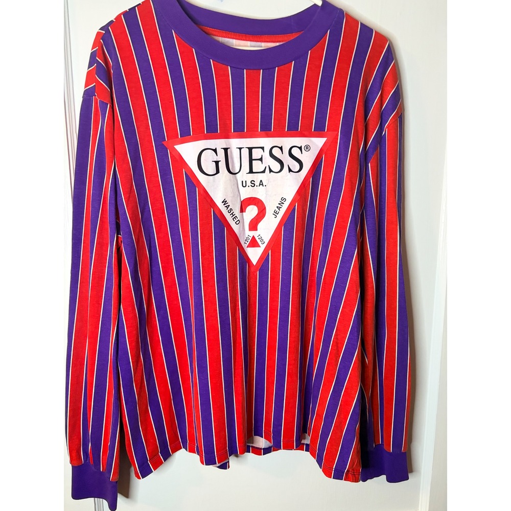 Vintage Guess Jeans Striped Long Sleeve T-Shirt Retro Logo Graphic‎ Large